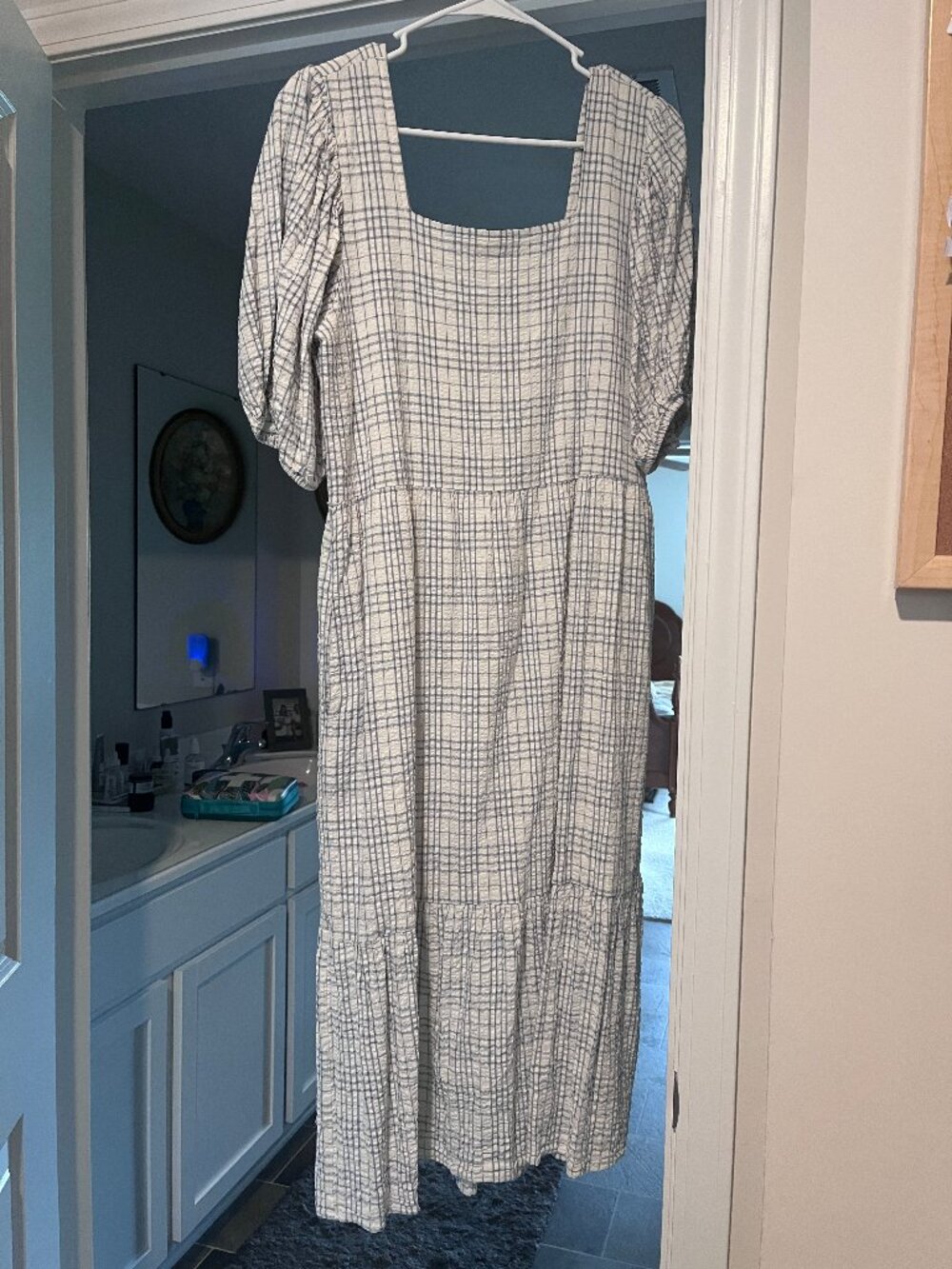 Neuflora White and Navy Plaid Square-Neck Midi Dress